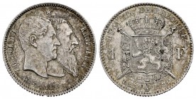 Belgium. Leopold II. 1 franco. 1880. (Km-38). Ag. 5,01 g. 50 Aniversario de la Independencia. Choice VF. Est...35,00.