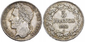 Belgium. Leopold I. 5 francos. 1833. (Km-3.1). Ag. 24,83 g. Tone. Choice VF. Est...110,00.