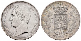 Belgium. Leopold I. 5 francos. 1851. (Km-19/17). Ag. 24,84 g. Golpecito en el canto. Choice VF/Almost XF. Est...80,00.