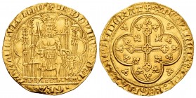 Belgium. Louis de Male. Chaise d'or à l'aigle. (1346-1384). (Delmonte-454). (Fried-152). Anv.: + LVDOVICVS: DEI ·GRA· ROMANORVM· INP. Emperador sentad...
