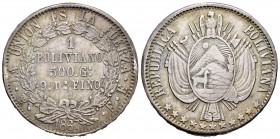 Bolivia. 1 boliviano. 1867. Potosí. FE. (Km-15.2). Ag. 25,03 g. Restos de soldadura a las 3 y 9 horas. Tono. VF. Est...40,00.