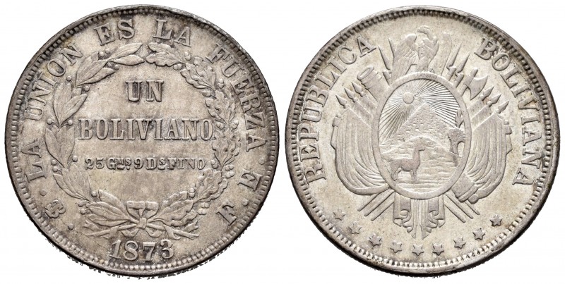 Bolivia. 1 boliviano. 1873. Potosí. FE. (Km-160.1). Ag. 24,91 g. Tone. Choice VF...