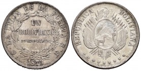 Bolivia. 1 boliviano. 1873. Potosí. FE. (Km-160.1). Ag. 24,91 g. Tone. Choice VF. Est...75,00.