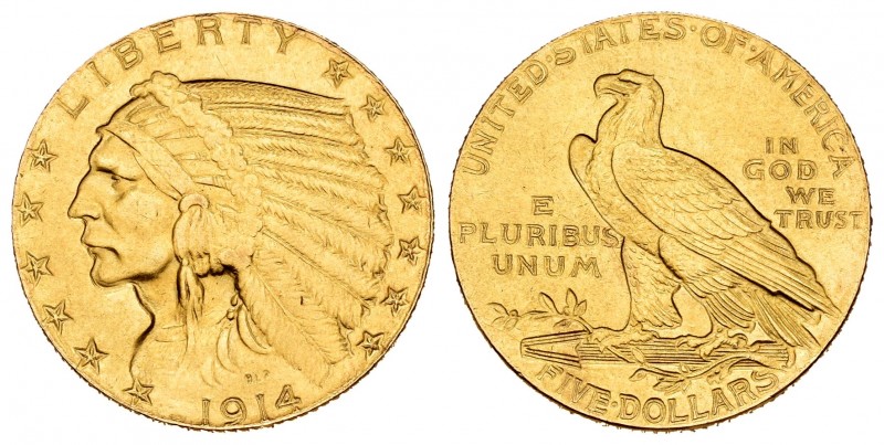 United States. 5 dollars. 1914. Philadelphia. (Km-129). (Fried-148). Au. 8,40 g....