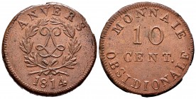 France. Louis XVIII. 10 céntimos. 1814. R. (Gad-194b). Ae. 24,18 g. Asedio de Amberes. MONNAIE / OBSIDIONALE. Rara. XF. Est...350,00.