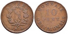 France. Napoleon Bonaparte. 10 cent. 1814. R. Anvers. (Km-5.4 variante). (Gad-192b variante). Ae. 24,01 g. Punto después de fecha. Escasa. Almost VF. ...
