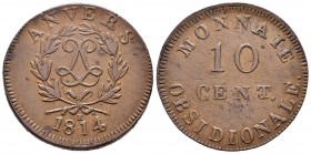 France. Louis XVIII. 10 cent. 1814. Anvers. R. (Gad-194b). Ae. 26,31 g. Escasa. Choice VF. Est...120,00.