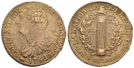 France. Louis XVI. 2 sols. 1791 (L´AN 3). Paris. A. (Km-603.1). (Gad-25). (Duplessy-1722). Ae. 23,95 g. Choice VF. Est...180,00.