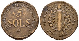 France. Friedrich Karl Josef. 5 sols. 1793 (L´AN 2). Mainz. (Km-603). (Gad-67). Ae. 22,01 g. Scarce. Choice VF. Est...120,00.