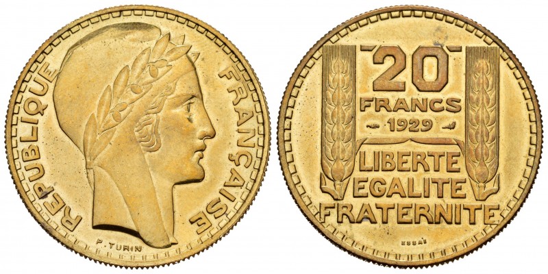 France. 20 francos. 1929. ESSAI. (Gad-852). Anv.: REPUBLIQUE - FRANÇAISE. Cabeza...