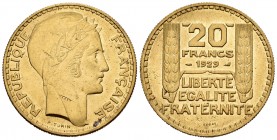 France. 20 francos. 1929. ESSAI. (Gad-852). Ae. 17,78 g. Pequeñas marcas en anverso. En broce-aluminio. AU. Est...140,00.