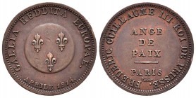 France. Friedrich Wilhelm III. Módulo de 2 francos. Abril 1814. Paris. (Mazzard-772b). Anv.: GALLIA REDDITA EUROPAE. APRILE 1814. Tres lises dentro de...
