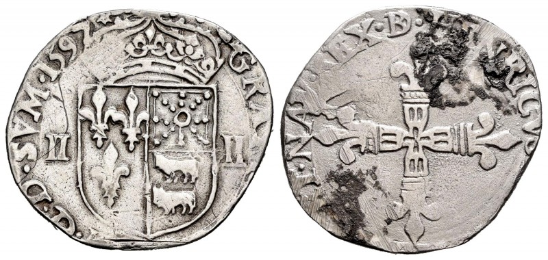 France. Henry IV. 1/4 ecu. 1597. Bayonne. ¿L?. (Duplessy-1224). Ag. 7,97 g. Posi...