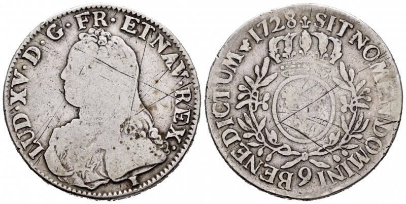 France. Louis XV. 1 ecu. 1728. Rennes. 9. (Km-486.26). Ag. 28,51 g. Rayas. Choic...