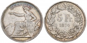Switzerland. 5 francos. 1874. Brussels. B. (Km-111). Ag. 24,87 g. La ceca B sin punto detrás. Rara. Choice VF. Est...300,00.