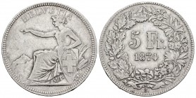Switzerland. 5 francos. 1874. Bern. B. (Km-111). Ag. 24,80 g. VF/Choice VF. Est...100,00.