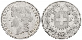 Switzerland. 5 francos. 1888. Bern. B. (Km-34). (Dav-392). Ag. 24,86 g. Rara. Almost VF. Est...300,00.