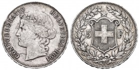 Switzerland. 5 francos. 1891. Bern. B. (Km-34). Ag. 24,86 g. Minor nicks on edge. Toned. VF. Est...90,00.
