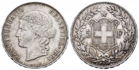Switzerland. 5 francos. 1891. Bern. B. (Km-34). Ag. 24,89 g. Golpecito en el canto. VF. Est...90,00.