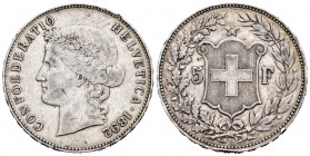 Switzerland. 5 francos. 1892. Bern. B. (Km-34). Ag. 24,85 g. Minor nicks on edge. VF. Est...100,00.