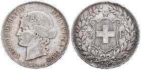 Switzerland. 5 francos. 1892. Bern. B. (Km-34). Ag. 24,79 g. Minor nicks on edge. Almost VF. Est...70,00.