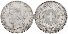 Switzerland. 5 francos. 1908. Bern. B. (Km-34). Ag. 24,99 g. Golpecito en el canto y rayitas. VF. Est...100,00.