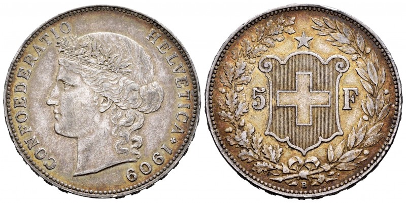 Switzerland. 5 francos. 1909. Bern. B. (Km-34). Ag. 24,95 g. Golpecito en el can...
