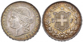 Switzerland. 5 francos. 1909. Bern. B. (Km-34). Ag. 24,95 g. Golpecito en el canto. Choice VF. Est...170,00.