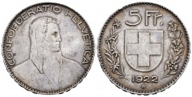 Switzerland. 5 francos. 1922. Bern. B. (Km-37). Ag. 24,93 g. Minor nicks on edge. Toned. Almost XF. Est...100,00.