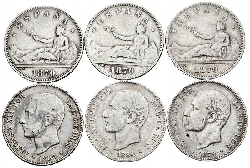 Lote de 6 piezas de 2 pesetas de plata, 1870 (3), 1879, 1894, 1895. A EXAMINAR. ...