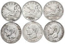 Lote de 6 piezas de 2 pesetas de plata, 1870 (3), 1879, 1894, 1895. A EXAMINAR. F/Almost VF. Est...60,00.