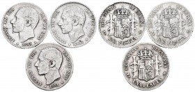 Lote de 3 piezas de 1 peseta de plata, 1881, 1882, 1883. A EXAMINAR. Choice F. Est...40,00.