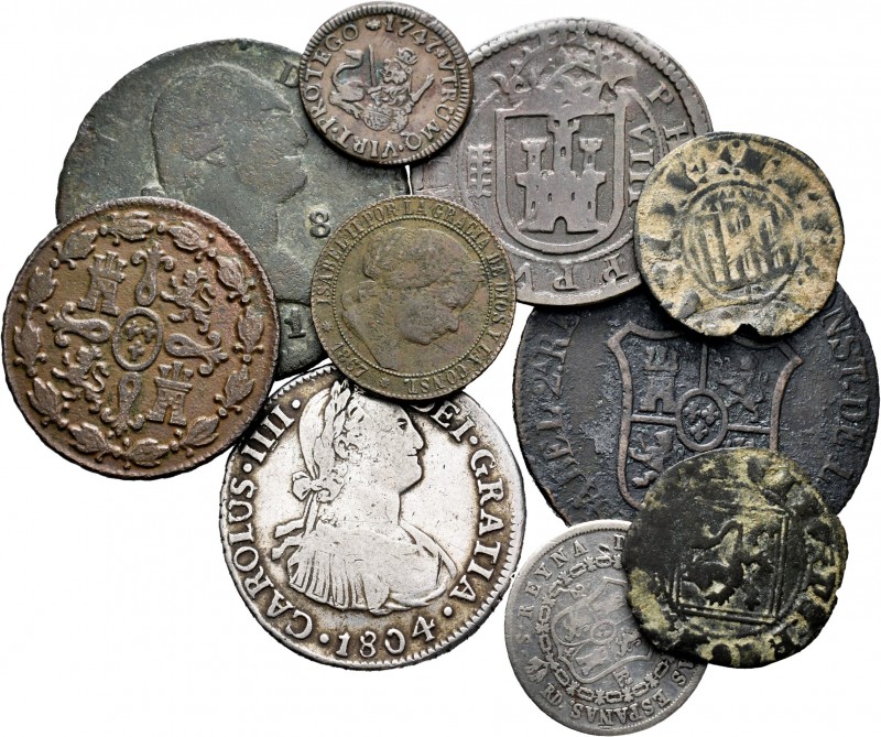 Lote de 9 monedas españolas desde la Época Medieval hasta Isabel II, 7 de cobre ...