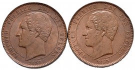 Lote de 2 monedas de Bélgica, de 2 céntimos, de 21-22 de agosto de 1853. Acuñación en cobre. Matrimonio de los duques de Brabante. (Km-M5.1). A EXAMIN...