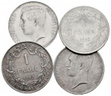 Belgium. Albert I. Lote de 4 monedas de Bélgica, 1 franco, del rey Alberto I. 2 de 1912 (una en alemán y la otra en francés) y 2 de 1913 (una en alemá...