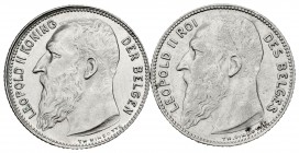 Belgium. Leopold I. Lote de 2 monedas de Bélgica, de 1 franco, del rey Leopoldo II. Ambas de 1909 (una en alemán y la otra en francés). Ag. Km. 57.1 -...