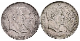 Belgium. Leopold II. Lote de 2 monedas de Bélgica, de 2 francos, de 1880. Ag. 50 Aniversario de la Independencia. 1830-1880. KM.39. A EXAMINAR. VF/Cho...