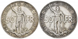 Belgium. Leopold III. (Km-106.1). Ag. Lote de 2 monedas de 50 francos, de 1935.Exposición de Bruselas. Centenario del ferrocarril 1835-1935. A EXAMINA...