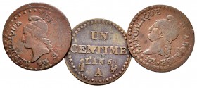France. Lote de 3 monedas de Francia, de 1 céntimo, de los años 6 y 7 (1797 y 98), acuñadas en París (A). Ae. A EXAMINAR. Choice F/Almost VF. Est...35...