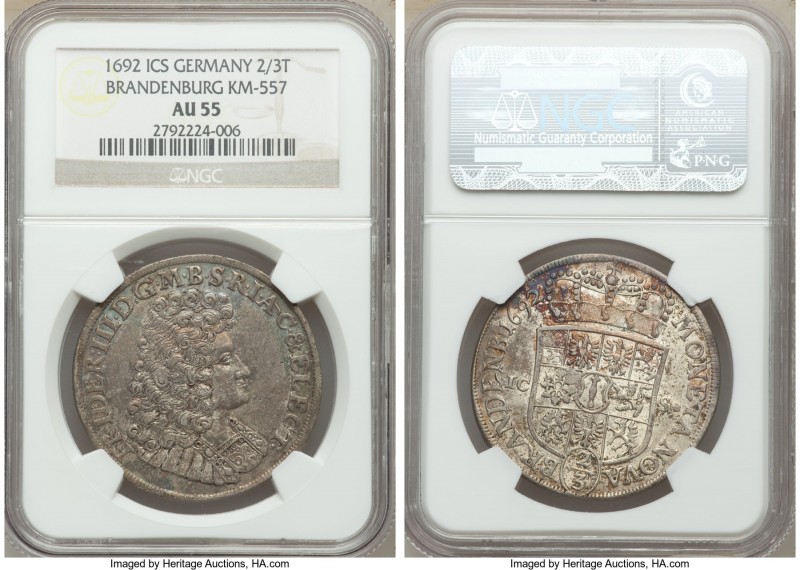 Brandenburg. Friedrich III 2/3 Taler 1692-ICS AU55 NGC, Magdeburg mint, KM557. L...
