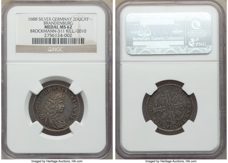Brandenburg. Friedrich III silver 2 Ducat Medal 1688 MS62 NGC, Brockmann-311, Ki...