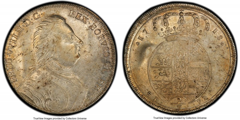 Prussia. Friedrich Wilhelm I 2/3 Taler 1718-IFS AU50 PCGS, Berlin mint, KM160. A...