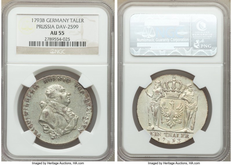 Prussia. Friedrich Wilhelm II Taler 1793-B AU55 NGC, Bayreuth mint, KM360.2, Dav...