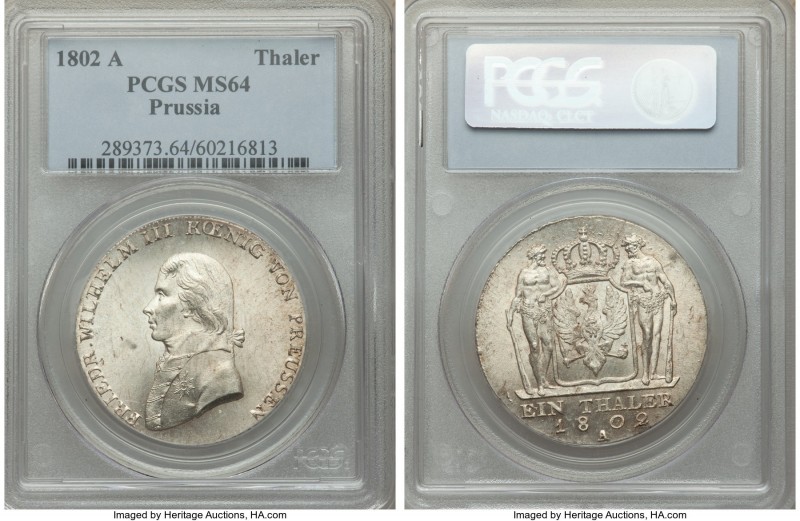 Prussia. Friedrich Wilhelm III Taler 1802-A MS64 PCGS, Berlin mint, KM368. Shimm...