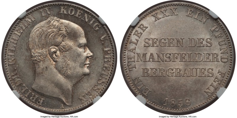 Prussia. Friedrich Wilhelm IV "Mining" Taler 1858-A MS65 NGC, Berlin mint, KM472...