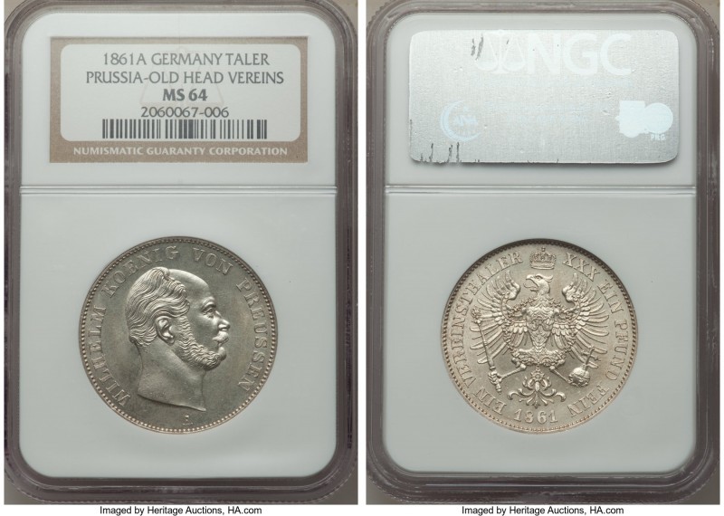 Prussia. Wilhelm I Taler 1861-A MS64 NGC, Berlin mint, KM489. Old head type. Nea...