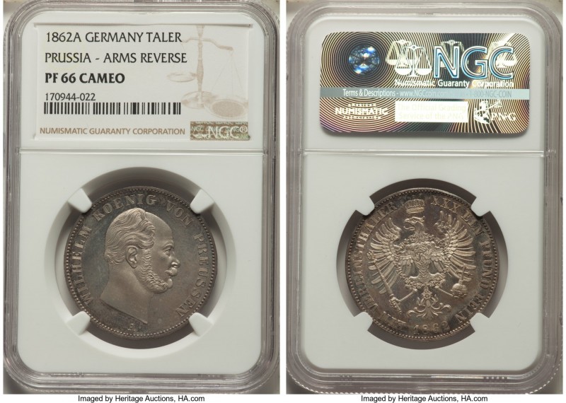 Prussia. Wilhelm I Proof Taler 1862-A PR66 Cameo NGC, Berlin mint, KM489. Muted ...