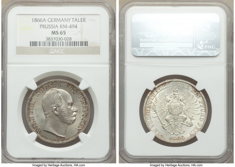 Prussia. Wilhelm I Taler 1866-A MS65 NGC, Berlin mint, KM494. A satiny white coi...