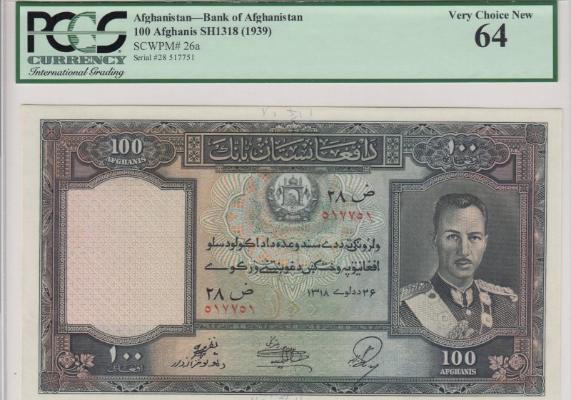 Afganistan, 100 Afghanis, 1939, UNC, p26a
PMG 64, Serial Number: 28 517751
Est...