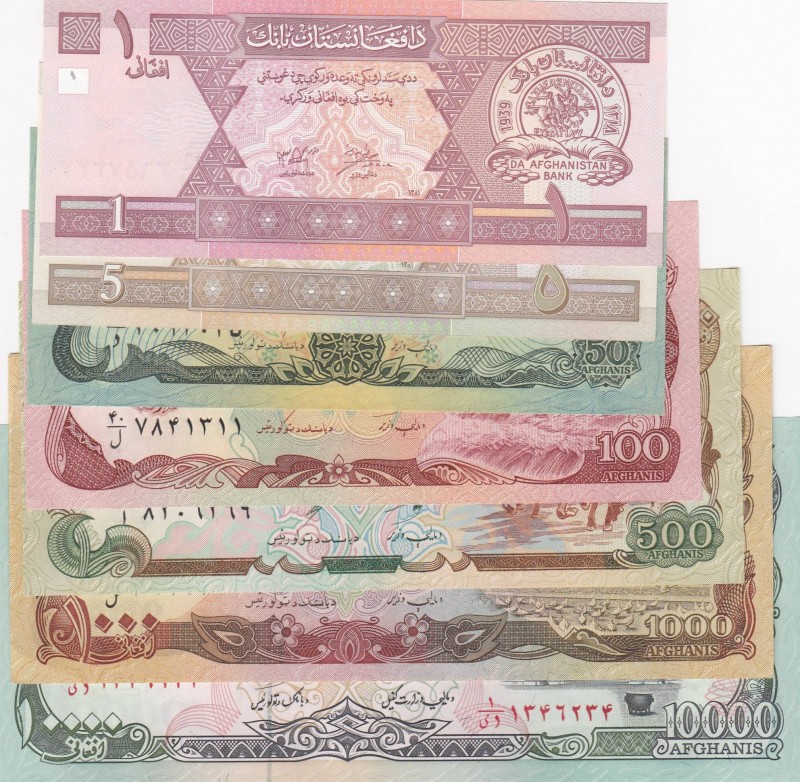 Afghanistan, Total 7 banknotes
1 Afghani, 2002, p64, UNC; 5 Afghanis, 2002, p66...